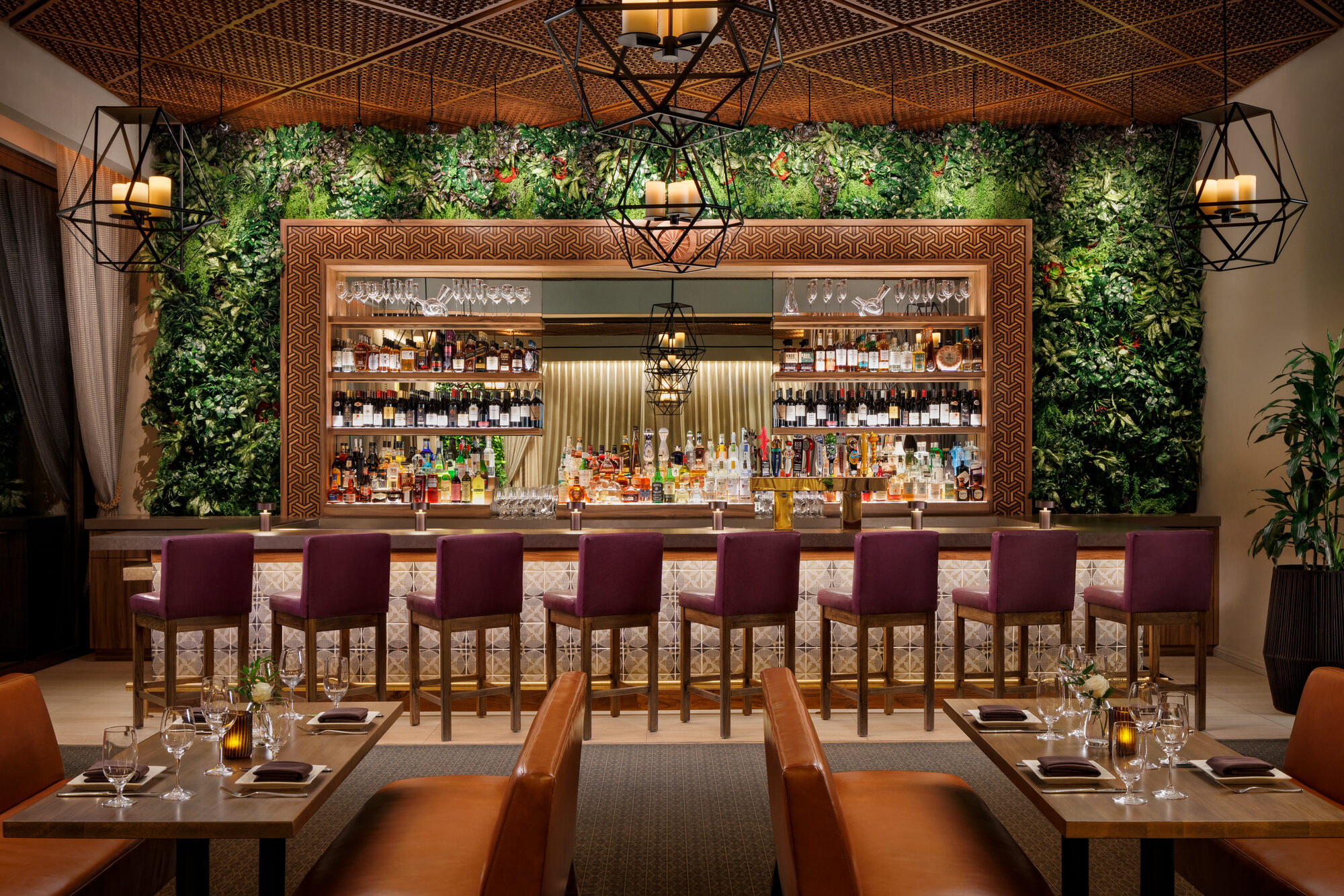 La Cave's bar dressed for service, against a living plant wall