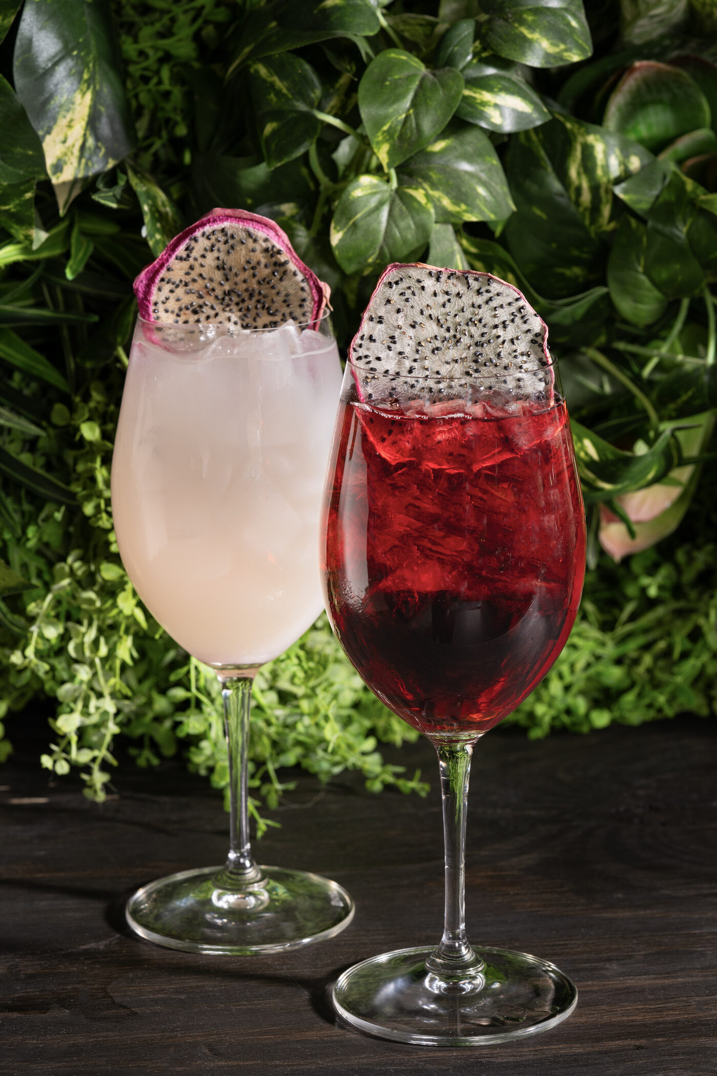 Two house sangrias in stemmed glasses — a pale Peachy Keen and a deep red Blurred Vines — each garnished with a dragon fruit slice against a lush green plant wall